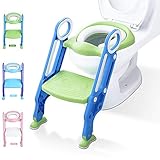 Potty Training Toilet Seat with Step Stool Ladder for Kid and Baby, Adjustable Toddler Toilet Training Seat with Soft Anti-Cold Padded Seat, Safe Handles and Non-Slip Wide Steps, Blue Green for Kids