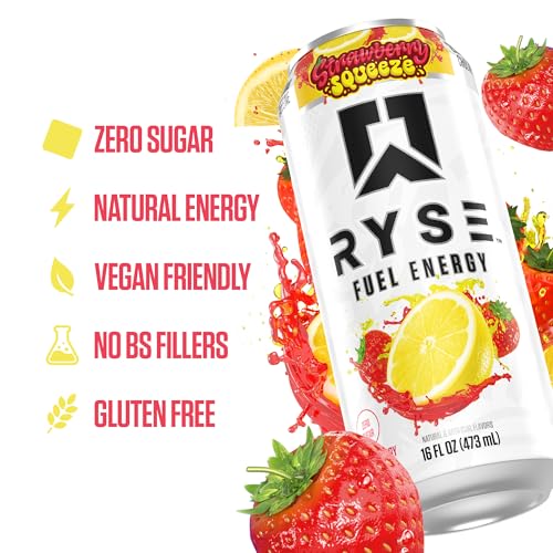 Image of RYSE Fuel Energy Drink - Strawberry Squeeze - Sugar Free, Gluten Free & Vegan - 200mg Natural Caffeine, Taurine & Choline for Focus & Energy - No Artificial Colors - 16 fl oz Cans (12-Pack)