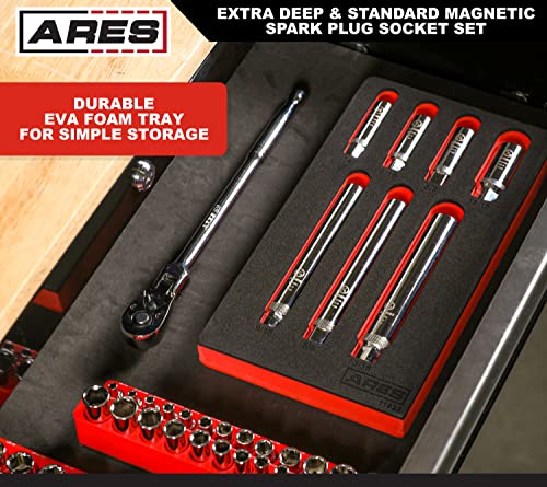 Ares 11032-7-Piece Extra Deep And Standard Length Magnetic Spark Plug Socket Set – 3/8-Inch Drive Spark Plug Sockets - 2.5-Inch And 6-Inch Length 6-Point And 12-Point Sockets – Foam Storage Tray #TOP4