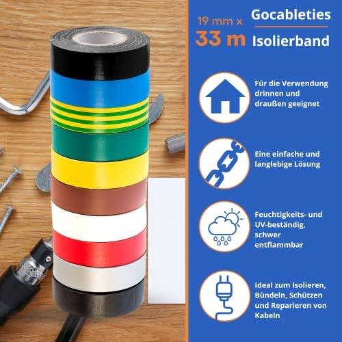 GTSE Mixed Colour Electrical Tape, 19mm x 33m, Strong Self-Adhesive PVC Insulation Tape for Insulating, Repairing and Protecting Electrical Wires, 10 Rolls