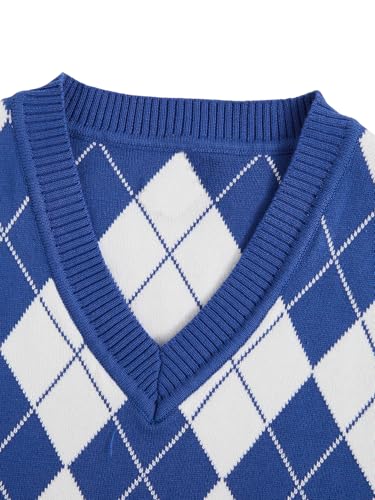 Verdusa Boy's V Neck Argyle Print Knitted Vintage Sweater Vest Casual Sleeveless Pullovers3