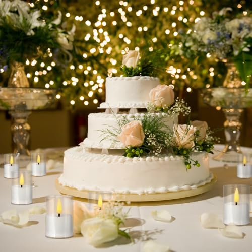 Image of 12 Pack LED Tea Light Candles, 3D flameless Flickering Candles | Battery powered, with remote control and timer, transparent acrylic, perfect for weddings, parties, and home decor (white)
