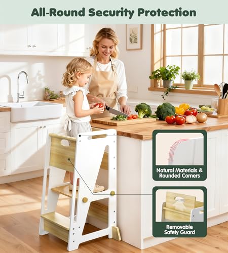 Image of Toddler Standing Stool with Sliding Door for Safe Climbing, 3-Height Adjustable Kitchen Step Stool, Wooden Learning Tower for Kids, Non-Slip Feet