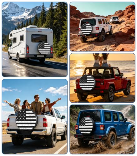 Image of RV Spare Tire Cover Black White Vintage American Flag 15in Universal Fit