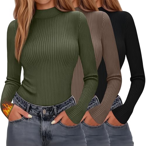Evervibe 3 Pack Women's Mock Neck Thermal Tops Long Sleeve Cotton Ribbed Knit Turtleneck Shirts Slim Fitted Casual Base Layer(Black, Mocha, Army Green,XX-Large)