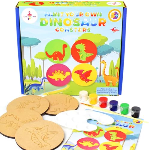 Image of Kalakaram Paint Your Own Dinosaur Coaster DIY Kit for Kids, Fun & Educational Paint Activity for Kids, Hobby and Craft Kit, for Age 5 Years and Above, DIY Kits for Kids, Pre-School Painting Kit,MDF Coasters,