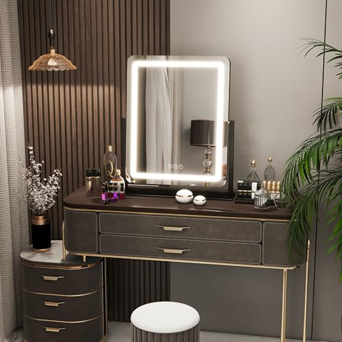 Image of FENNIO Vanity Mirror with Lights 19 inchx22 inch - LED Lighted Makeup Mirror,Large Makeup Mirror with Lights,Touch Screen with 3-Color Lighting,Led Mirror Makeup,Dimmable, for Vanity Desk Tabletop, Bedroom