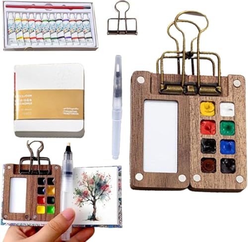 Hi-Y2Kgirls Portable Palette, Mini Travel Paint Set with 8 Grids, Modern Minimalist Wooden Watercolor Palette Box, Sketchbook Palette, Watercolor Pen