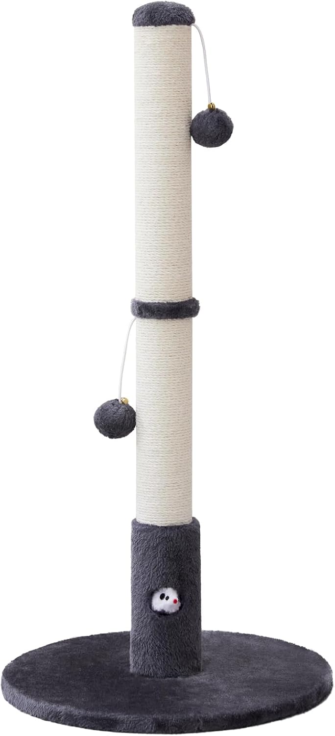Woochpet 33'' Tall Cat Scratching Post for Adults Cats, Sturdy Large Scratch Pole with Hanging Ball with Fun Mouse Hole, Scratching Posts for Indoor with Durable Natural Sisal Rope (Darkgrey)