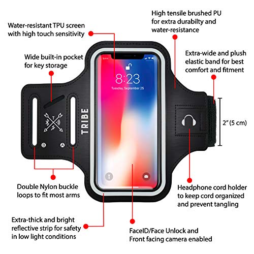 TRIBE Water Resistant Cell Phone Armband Case for iPhone 11, 11 Pro, 11 Pro Max, X, Xs, Xs Max, Xr, 8, 7, 6, Plus Sizes, Galaxy S10, S9, S8, S7, Plus Sizes and More. Adjustable Elastic Band