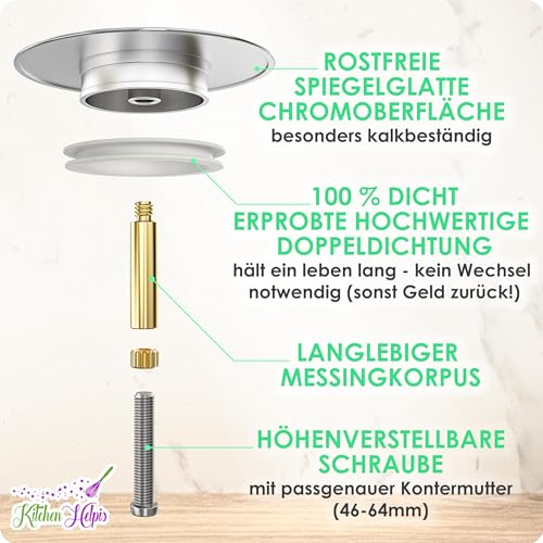Kitchen Helpis® Edler Badewannenstöpsel universal, ⌀ 72mm Stöpsel, rostfrei, für alle gängigen Wannen, höhenverstellbarer Badewannen Stöpsel Verschluss, V2.0-100% dicht, mit 2 Doppeldichtungen