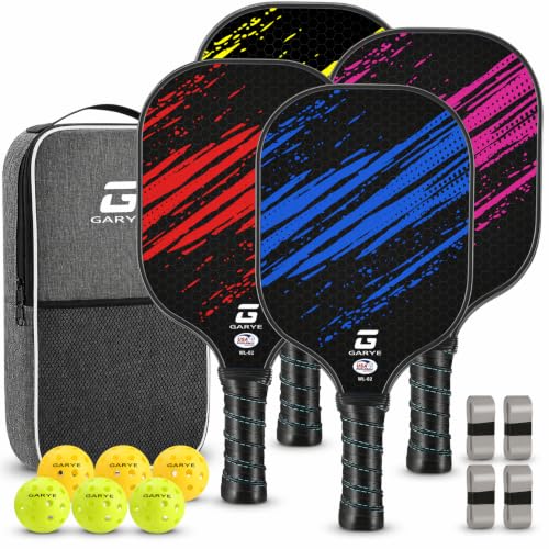Image of GARYE Pickleball Paddles Set of 4, Carbon Fiber Pickle Ball Paddle, USAPA Approved Lightweight Rackets 4 Pack for Adults and Teenagers, Includes 6 Balls, 1 Bag, and 4 Grip Tapes