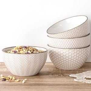 Ceramic Cereal Bowls Set 26 Oz Embossed Soup Bowl 6 Inch Stoneware Kitchen Bowl for Oatmeal Salad Dessert Rice Microwave Dishwasher Oven Safe Set of 4 White