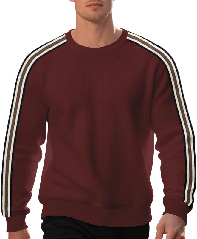 Men's Spring/Autumn Classic Striped Shirts Solid Color Waffle Round Neck Long Sleeve Pullovers Fashion Loose Top