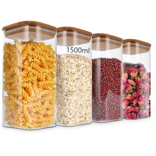 FWEEK Tarros de Cristal con Tapa de Bambú Herméticos, 4 Botes Cocina Almacenaje 1500ml, Tarro Cristal 1500ml para Alimentos Secos, Vidrio Borosilicato Sin BPA, Transparente y Fácil de Limpiar