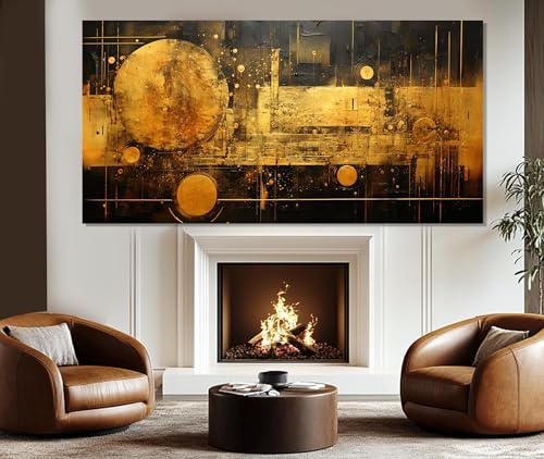 Tableau noir et or abstrait 55x110cm déco murale salon moderne indien