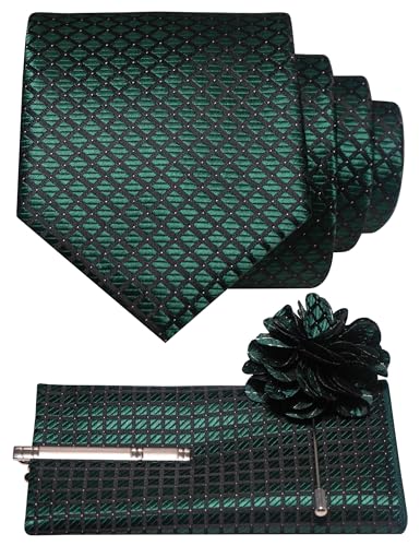 JEMYGINS Mens Plaid Dark Green Tie and Lapel Pin Necktie Pocket Square and Tie Clip with Sets for Business Casual 4PCS(6)