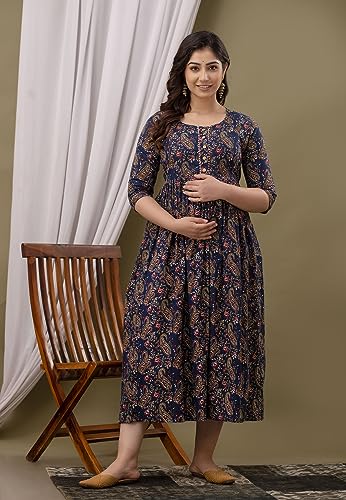 Image of Maternity Feeding Kurti for Women | Cotton Blend Anarkali Dress with Nursing Zip for Pre & Post Pregnancy
