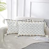 PANOD Pack of 2 Knitted Boho Throw Pillow Covers,Natural Cotton Hand-Woven Tufted Decorative Tassel