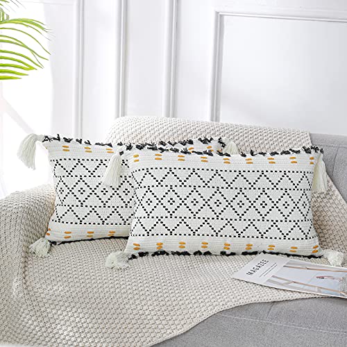 Panod Pack Of 2 Knitted Boho Throw Pillow Covers,Natural Cotton Hand-Woven Tufted Decorative Tassel Hug Lumbar Pillowcase For Couch Sofa Bedroom Living Room Farmhouse,12X20 Inch Black #TOP15