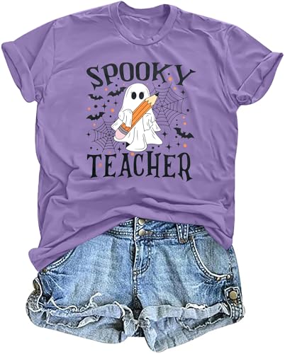 Halloween Teacher Shirts for Women Spooky Season Fall Spooky Teacher Tshirts Cute Ghost Teacher Tee Halloween Party Tops Purple