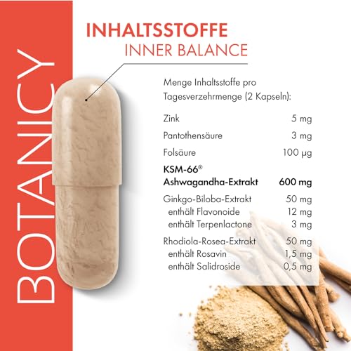 BOTANICY Inner Balance - 60 Ashwagandha Kapseln mit BIO KSM-66 - Alternative zu Anti Stress Tabletten - Indische Schlafbeere, Ginkgo Biloba, Rosenwurz, Vitamin B5 und B9 plus Zink - Laborgeprüft