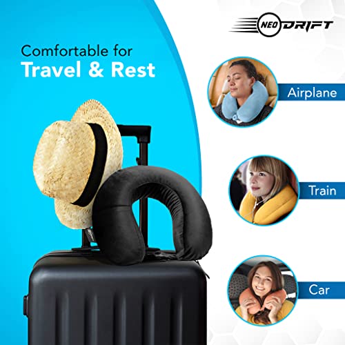 Image of Neodrift TravelNeck - Travel Neck Pillow with Memory Foam Head Support for Airplane, Car, Train, Bus, and Home Use - Ultimate Comfort Velvet Cushion Travel Pillow (Color: Black)