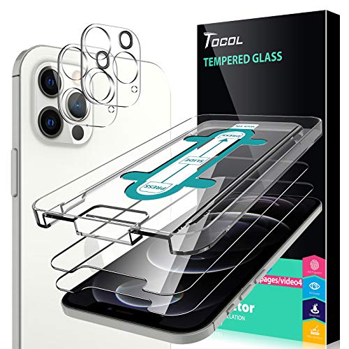 TOCOL 4 Pièces Protection pour iPhone 12 Pro, 2 Pièces Verre Trempé Protection écran et 2 Pièces Vitre Protection Objectif, Dureté 9H sans Bulles Facile à Installer Film Protecteur d'écran Cover