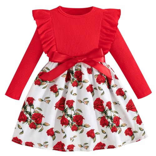 Pilipulu Robe Bowknot Fille Manches Longues à Volants Floral Papillon Robes Enfants Filles Col Rond Rouge 8 Ans