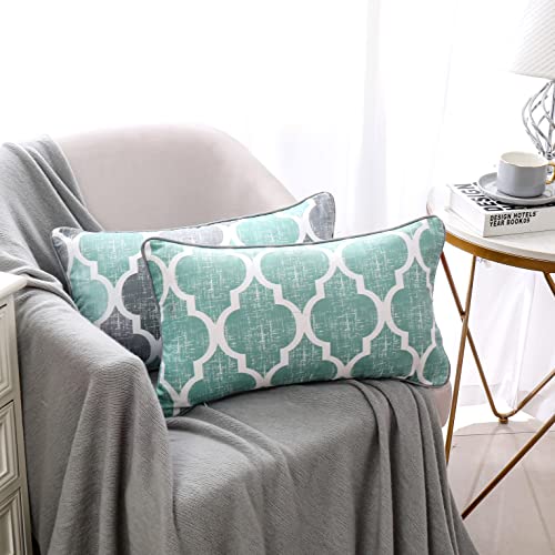 Beauoop Pack Of 2 Throw Pillow Cases Covers For Couch Bed Sofa Farmhouse Double Sided Printed Colorful Geometric Trellis Moroccan Pattern Lumbar Pillow Covers, 12 X 20 Inches, Aqua Gray #TOP2