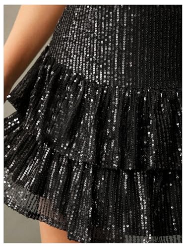 MakeMeChic Women's Glitter Sequin Mini Skirt Ruffle Tiered Frill Trim A Line Party Club Skirts4