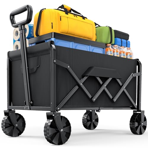 Kitsure Collapsible Wagon with Wheels Foldable Dog Wagon Carts Utility Shopping Cart with 200lbs Load Capacity Black 71.1 43.2 91.4 cm