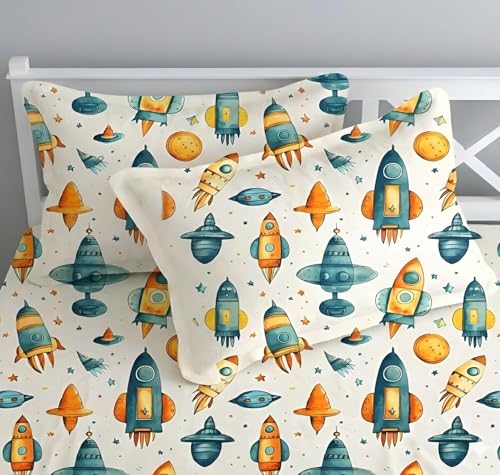 Image of RD FABS Glace Cotton Wrinkle Free Soft Hypoallergenic Elastic Fitted Cartoon Printed Bedsheets for Kids with 2 Pillow(Size,78 x 72 Inches(Fits up to 8 Inch),White Rocket),Double Bed,300 TC