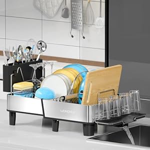 Escurridor de platos, estante extensible de acero inoxidable 304 con boquilla de drenaje ajustable, escurridor de platos de gran capacidad con soporte para utensilios, portavasos y estante para tabla