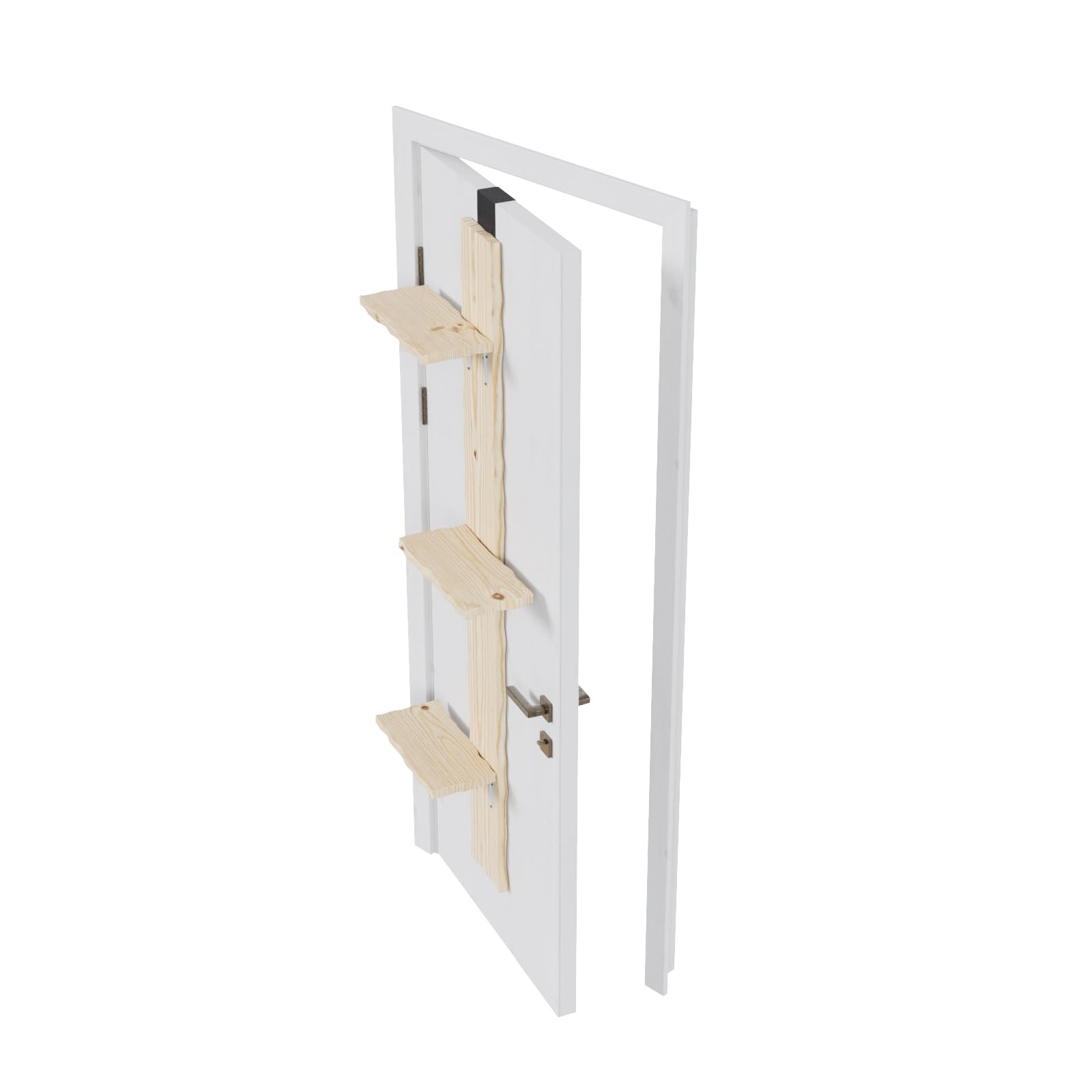 QLS Escalera para Gatos 180 cm, 3 peldaños, Pino sin Tratar | Estructura de 2 piezas con kit completo y 2 soportes para montar dentro o fuera de la puerta