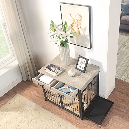 Beenbkks Furniture Style Dog Crate End Table With Tray And 2 Drawers, Double Doors Wooden Wire Dog Kennel With Pet Bed, Decorative Pet Crate Dog House Indoor Use #TOP2