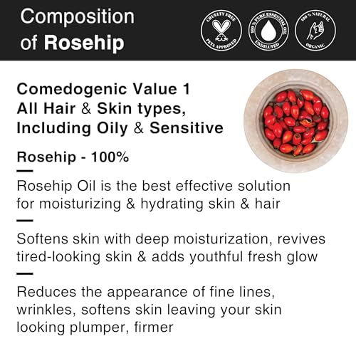 Image of Soulflower Rosehip Oil for Wrinkles, Fine Lines, Scars, Stretch Marks, Under Eyes, and Curly Hair | 100% Pure, Organic, Cold-Pressed Seed Oil for Men & Women | 30ml