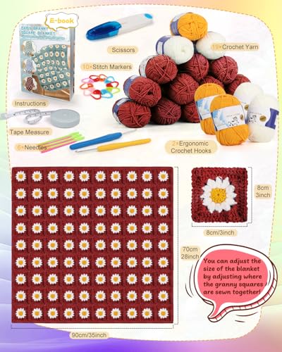 Image of Coopay Crochet Kit for Beginners, Granny Square Crochet Blanket Kit, Red | Crochet Kit W /Video Tutorial & Digital Instructions, All Accessories Included, Easy Knitting to Create Granny Square Blanket