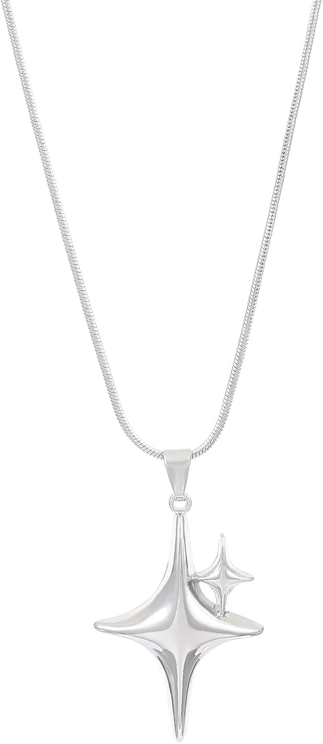 Silver Stars Pendant Necklace Four-Pointed Stars Round Snake Chain Necklace Multi Starbursts Charm Choker Necklace Vintage NorthStar Necklace Y2k Jewelry for Women - Image 6