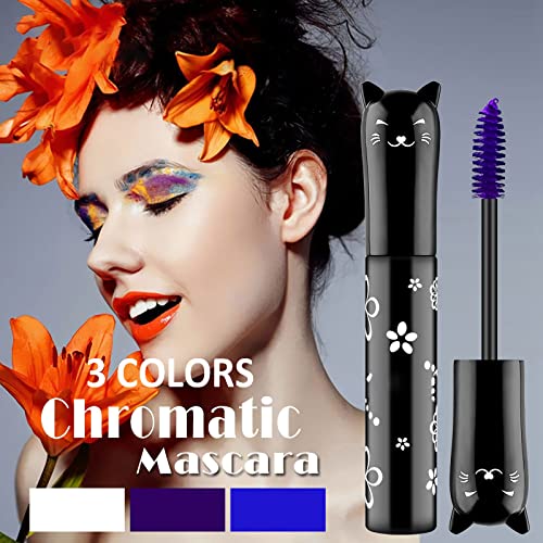 Sumeitang 3 Color White Blue Purple Mascara Set, Rainbow Colorful Waterproof Mascaras 3D Fiber Lash Mascara Volume Eye Lash, Eyelashes Curling Lengthening Lifting Colored Lash Makeup Kit #TOP1