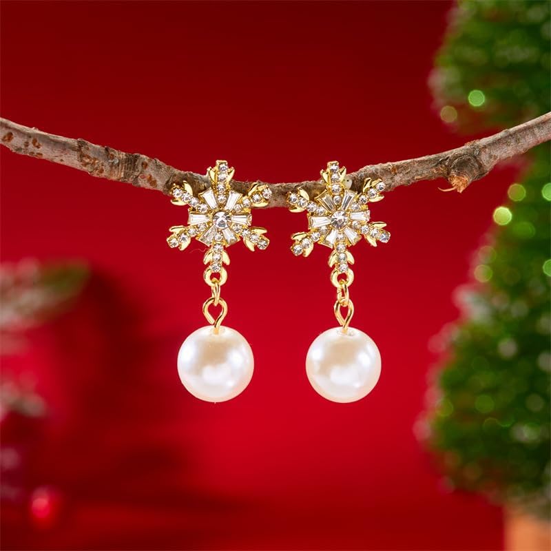 Christmas Snowflake Earrings For Women Dainty Sparkly Cz Snowflake Pendant Stud Earrings Winter Pearl Snowflakes Statement Earring Christmas Holiday Party Jewelry For Women - Image 3