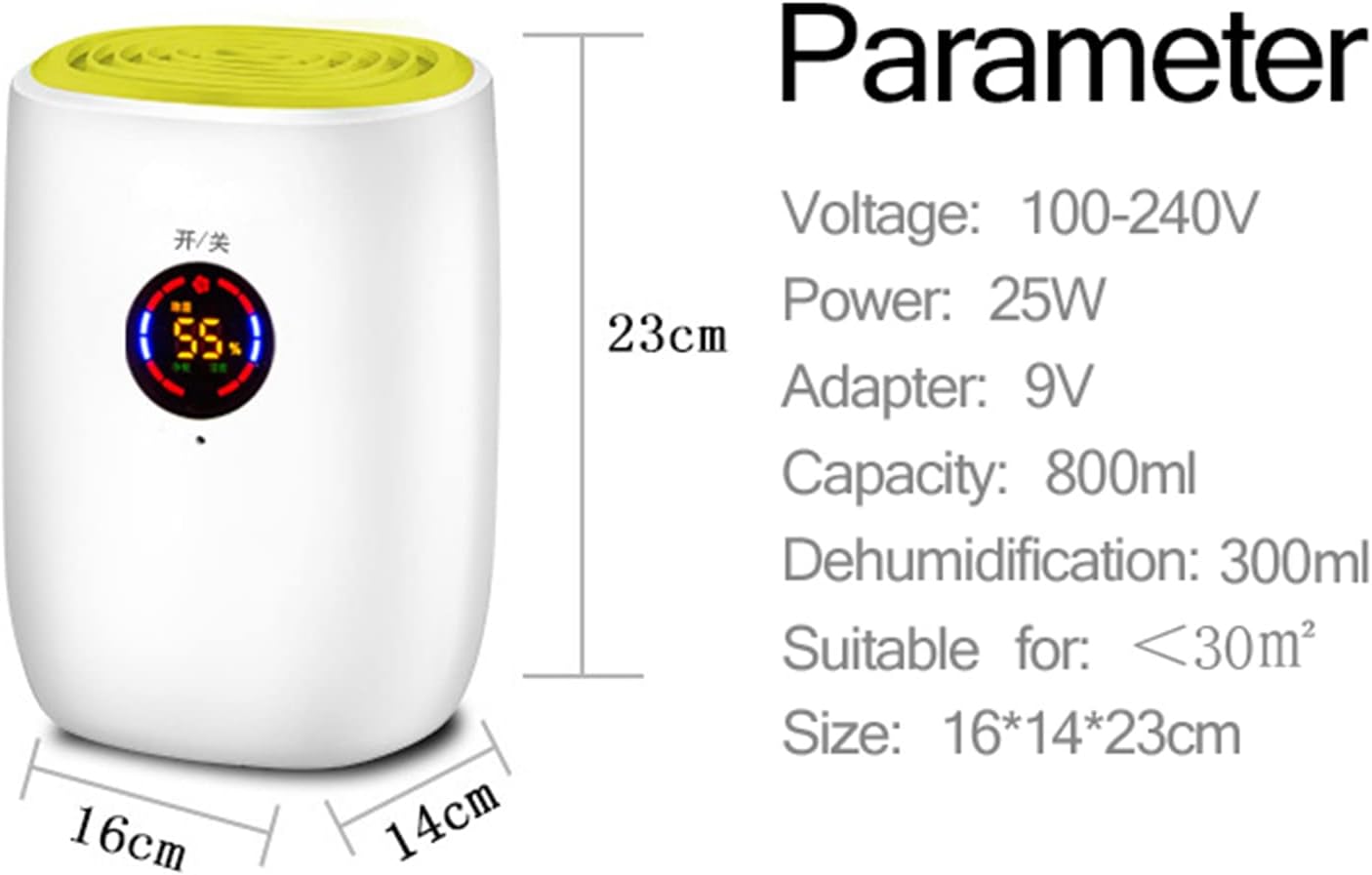 GZZBMY Dehumidifier with dimensions and parameters