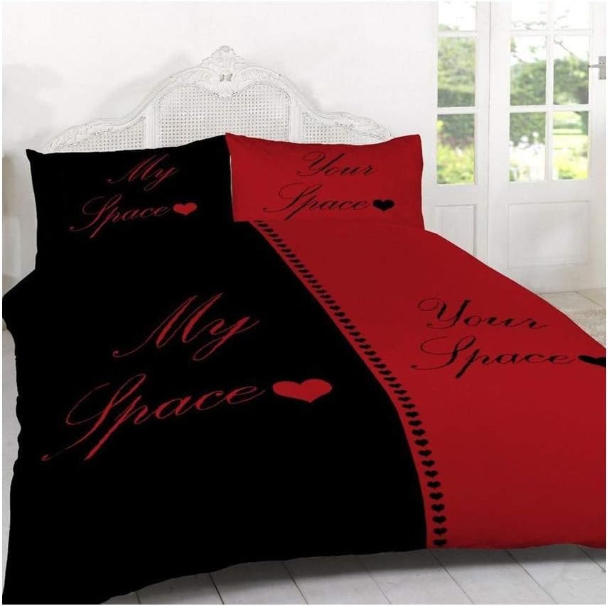 Duvet cover set with pillowcases polycotton keep calm/My space your space bedding (Space Red/Black, Double Duvet Cover Set)