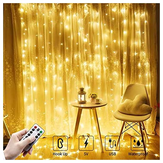 Plartree LED-gardinlampor,3 m x 3 m 300 lysdioder USB-ljusslinga med fjärrkontroll/timer, 8 lägen IP65 vattentät ljusslinga ljusslinga ljusslinga för sovrum fönster dekoration, fest (varm vit)[ A+++]