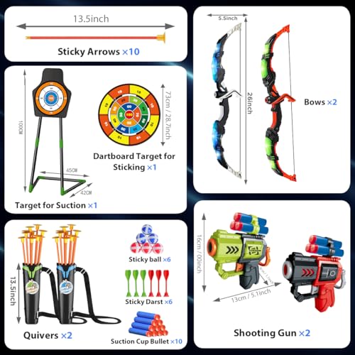 Vatos 2 Pack Bow And Arrow Toy For 5 6 7 8 9 10 11 Year Old Boys Girls, Light Up Archery Toy With Cup Suction Standing Target & 29 In Dart Board thumb #4
