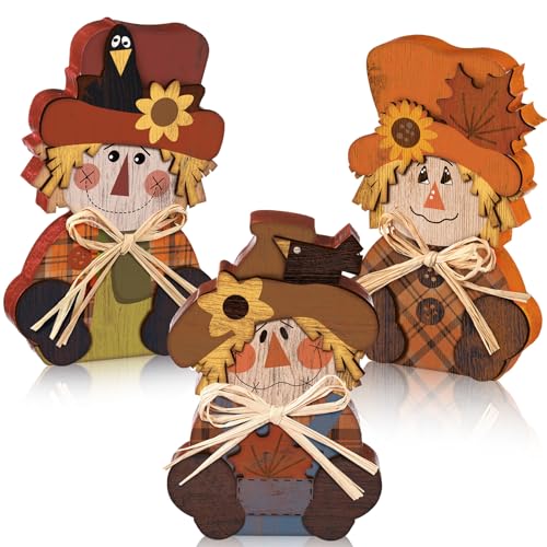 Ferraycle 3 Pcs Thanksgiving Scarecrow Decor Fall Decor Autumn Farmhouse Sign Rustic Tiered Tray Decorations Table Centerpieces Standing Wooden Block Sign for Halloween Home Kitchen