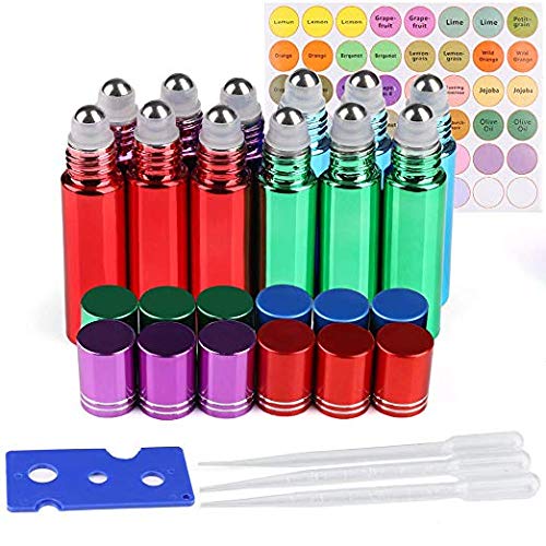 Essential Oil Roller Bottles, 12 Pack of 10ml 4 Color
