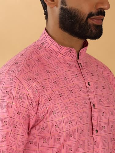 Image of KRAFT INDIA Men's Cotton Blend Geometric Printed Straight Long Regular Kurta and Elastic Waistband Pyjama Set