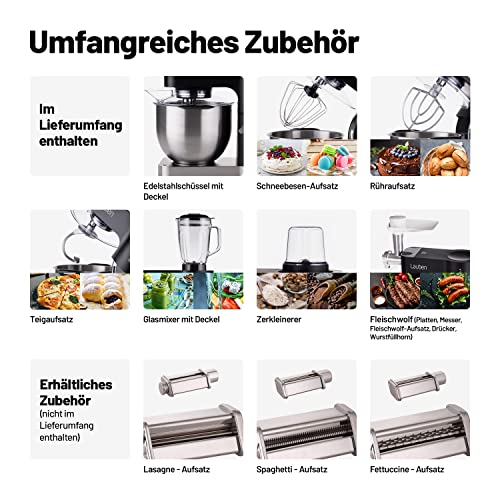 Küchenmaschine Lauben Kitchen Machine 1200BC mit Kupfermotor und Ganzmetall-Getriebe, 1200W, Mixer aus gehärtetem Glas, Großes Fassungsvermögen von 5,5 l, Knetmaschine, Teigmaschine, (Schwarz) – Bild 5