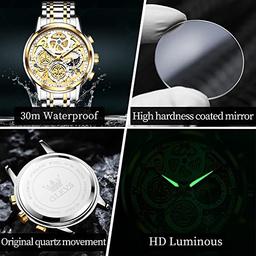Image of OLEVS Skeleton Watch for Men Stainless Steel Chronograph Watch for Men Classic Waterproof Mens Watches with Date Luxury Business Men's Analog Wrist Watches, relojes para Hombres Blue /Black /Gold /White